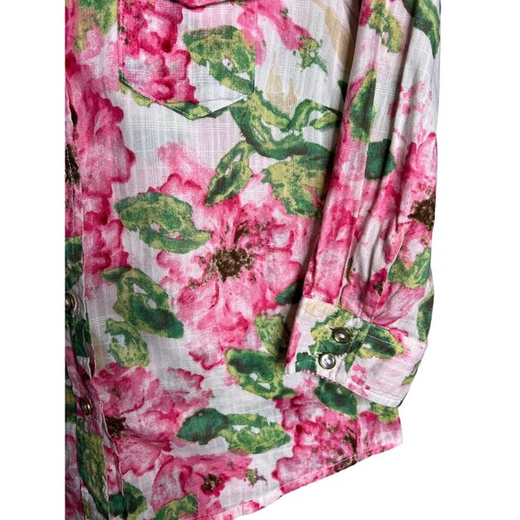 Karen Scott Petites P Floral Button-Up Shirt Pockets Flowers Cotton 3/4 Sleeves - Picture 5 of 12
